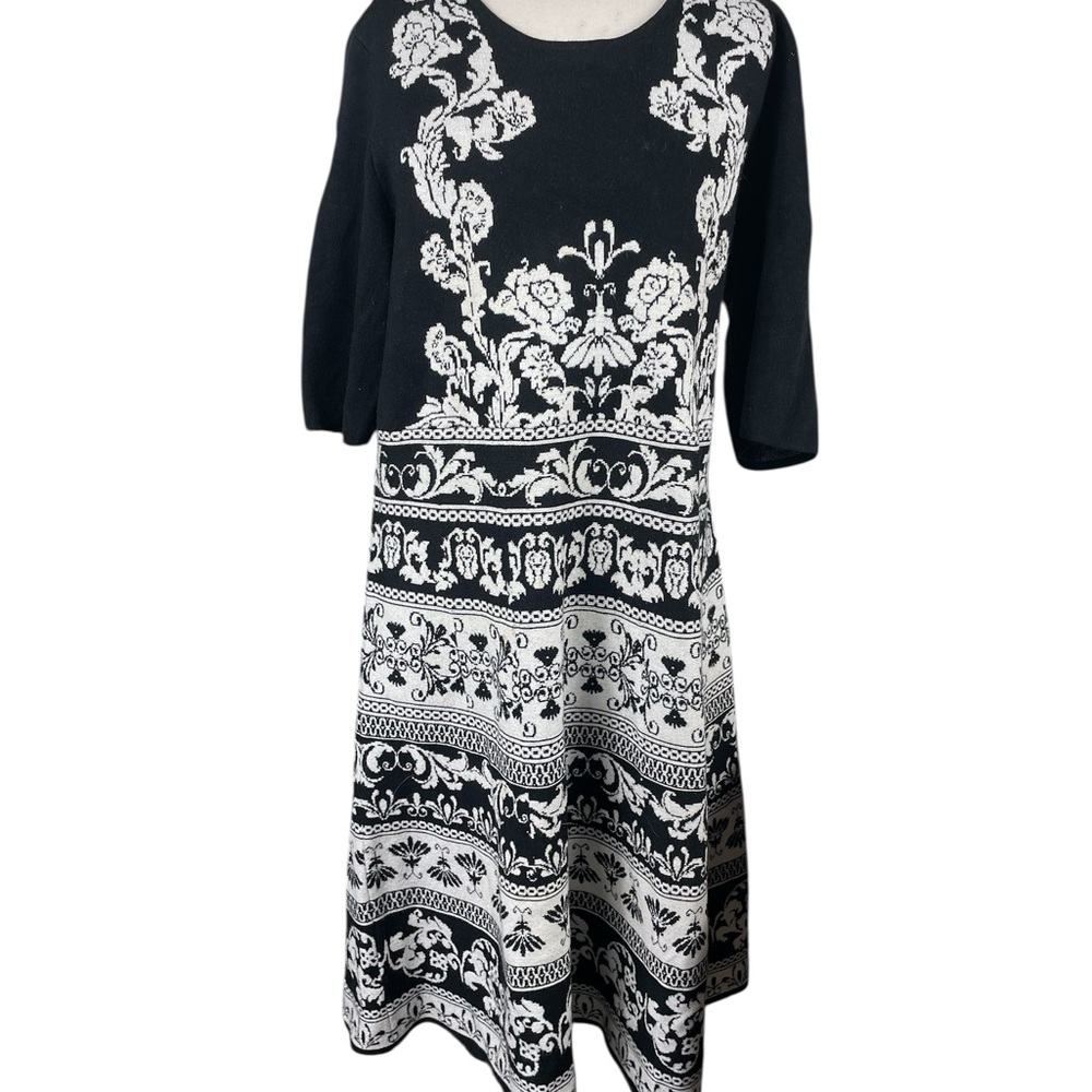 Roz & Ali Elegant Black and White Floral 3/4‎ Sleeve Sweater Dress, XL